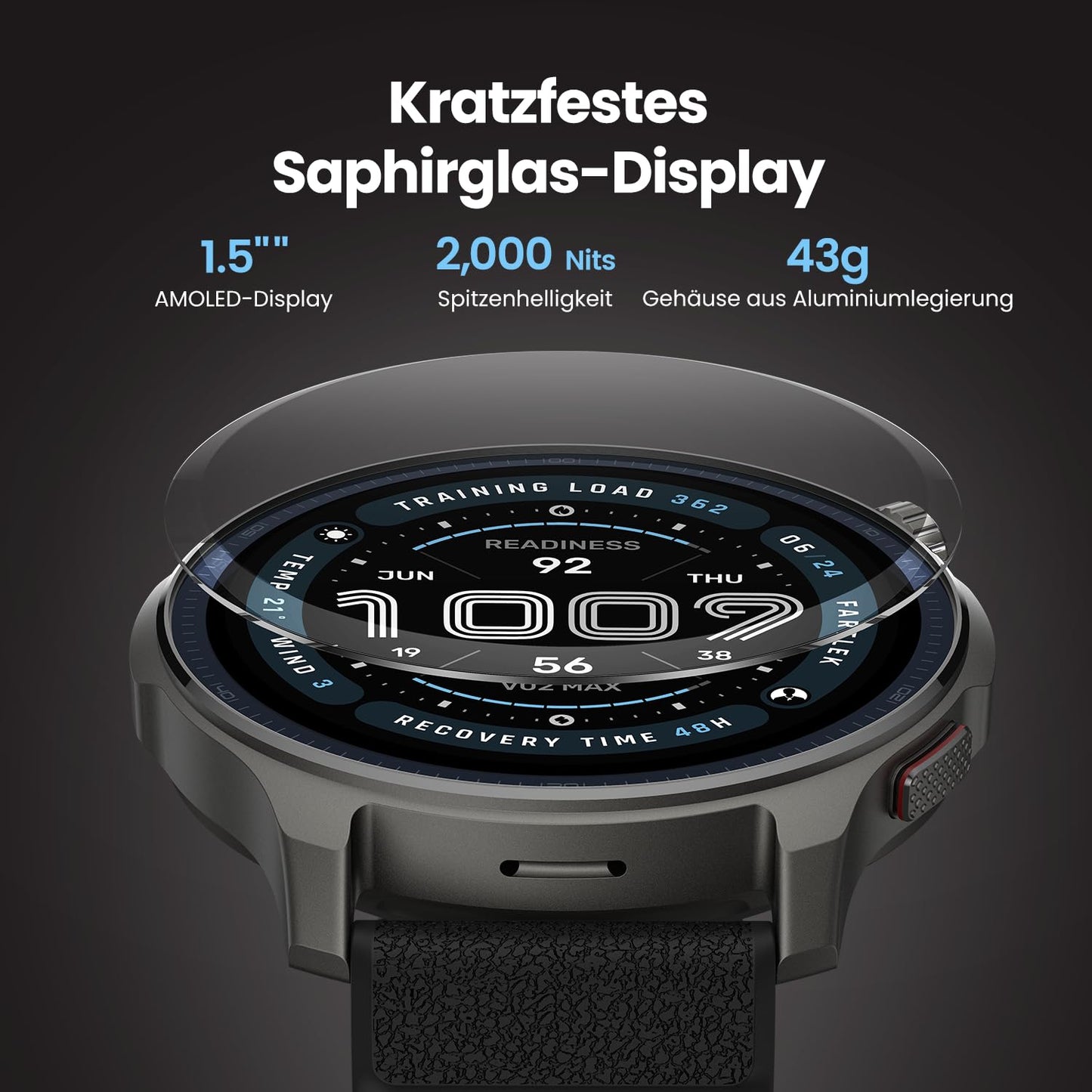 Amazfit Balance 2 Smartwatch 47mm 1.5'' AMOLED Sapphire Glass, Offline-Karten, Dualband-GPS, 21 Tage Akkulaufzeit, 170+ Sportmodi, HYROX & Golfmodus