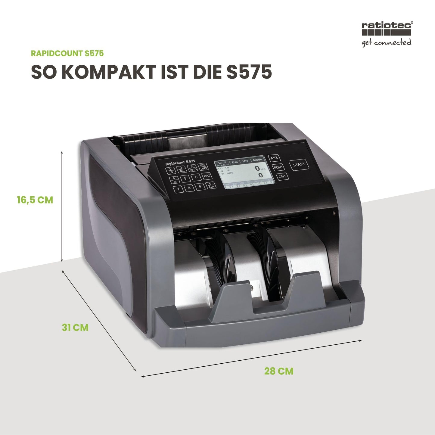 ratiotec rapidcount S 575 Banknotenzählmaschine für gemischte Banknoten mit Wertermittlung in schwarz