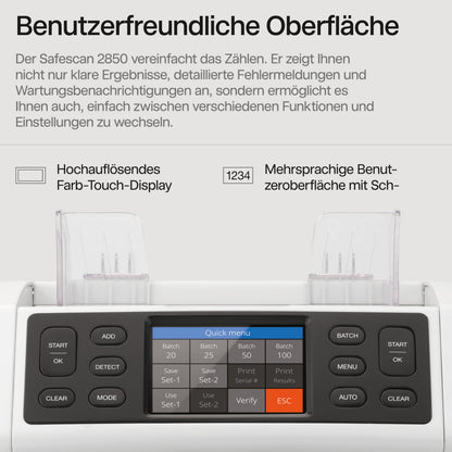 Safescan 2850 Geldzählmaschine | Zählt sortierte Banknoten | 3-fache Echtheitsprüfung | Mehrsprachiges Display
